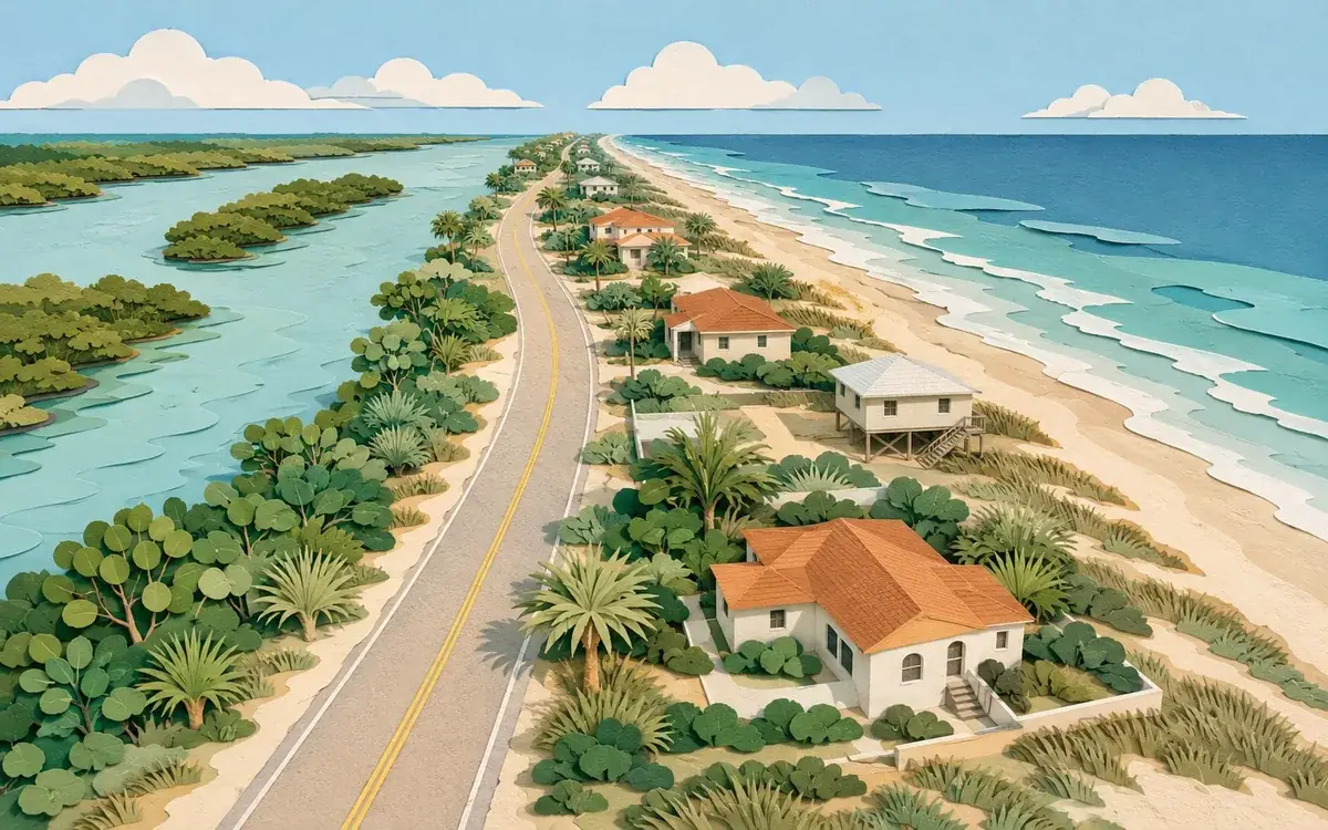 Paper-cut illustration of a coastal road running between the ocean and a calm waterway, with small houses among sea grape and dunes